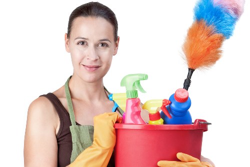 Cleaner wearing protective equipment while working in a Knightsbridge property